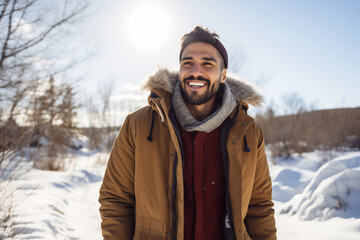 Fototapeta na wymiar A young latin male is walking happily with in a winter coat with a winter hat in a in snow covered country landscape during day in winter on a bright and sunny day