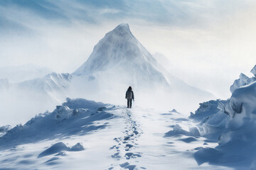 A distant photo of a female mountaineer is standing on the top of a mountain with a thick coat on a in snow covered mountain hill with a trail of footsteps in a snowstorm