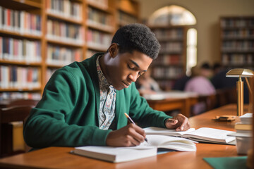 A senior male african american student is studying concentrated with a book in a busy school library on a table while writing on a notebook