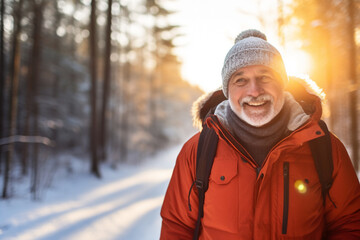 Fototapeta premium A senior caucasian male is walking happily with in a winter coat with a winter hat in a in snow covered forest during sunset in winter on a bright and sunny day