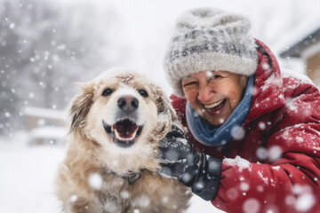 A senior latin woman is playing happily with the dog in the snow with a winter coat and winter hat in a in snow covered country landscape during day in winter while snowing