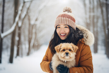 A young asian woman is walking happily with the dog with a winter coat and winter hat in a in snow covered forest during day in winter while snowing