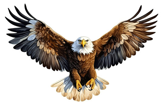 The bald eagle bird flying, front view, isolated on white, watercolor illustration generative AI