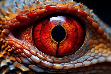 A close up of a lizard eye: is a stunning photo macro with of an eyeball with a red iris and a round shaped pupil and light colored scaly skin : a detailed eyeball close up - obrazy, fototapety, plakaty