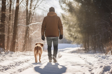 A young latin male is walking happily with the dog with in a winter coat with a winter hat in a in snow covered forest during day in winter on a bright sunny day