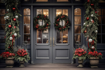 An old glass pivot door is decorated brightly with christmas and new years decoration the place seen from the exterior typical christmas wreath and ornamental decoration