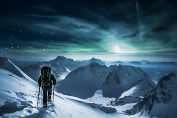 A distant photo of a female mountaineer is hiking to the top of a mountain with walking poles on a in snow covered mountain hill with northern lights with a trail of footsteps