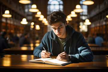 A young male latin student is studying concentrated with an tablet in a quiet and empty school library on a table while writing on a notebook