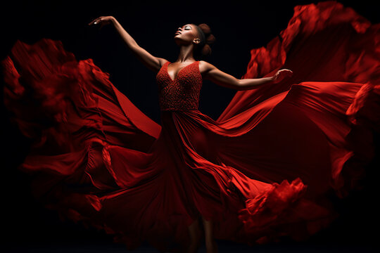 A beautiful stunning african american woman is spreading her arms while wearing a dress with eyes closed with flying waving red fabric with a black background ; a full waving red dress