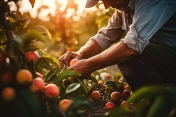 Farmer working on apple harvest in the field - obrazy, fototapety, plakaty
