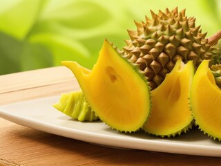 Cut fresh Durian fruit close-up view. Exotic fruit generated by AI