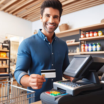 smiling man is shopping with credit card on terminal by Reduniq contactless technology, concept technology, generative ai