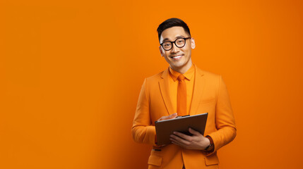Man stands in front of orange background wears orange office suite holds notebook or orange folder, smiling, looks into camera, AI-Generated content, Asian man, presentation background with copy-space