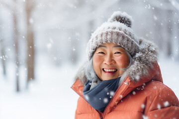 A senior asian woman is playing in the snow happily with a winter coat and a winter hat in a in snow covered forest during day in winter while snowing - Powered by Adobe