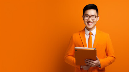 Man stands in front of orange background wears orange office suite holds notebook or orange folder, smiling, looks into camera, AI-Generated content, Asian man, presentation background with copy-space