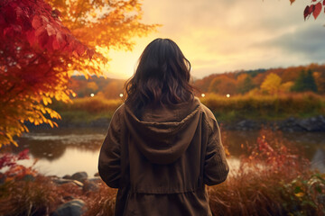 A young asian woman is posing in front of the camera from the front happily with an autumn coat in a country landscape during sunset in autumn in a vibrant coloration - obrazy, fototapety, plakaty
