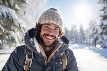 Fototapeta na wymiar A young latin male is playing happily with the snow with in a winter coat with a winter hat in a in snow covered country landscape during day in winter on a bright and sunny day