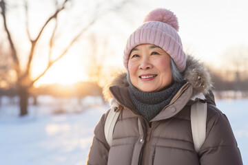 Fototapeta na wymiar A senior asian woman is posing in front of the camera happily with a winter coat and a winter hat in a in snow covered country landscape during sunset in winter while snowing