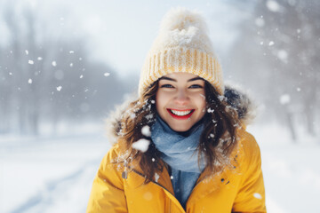 Fototapeta premium A young caucasian woman is playing in the snow happily with a winter coat and a winter hat in a in snow covered country landscape during day in winter on a bright day