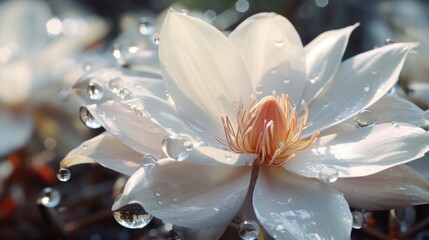 A close-up view of Moonstone Magnolia petals glistening with morning dew.