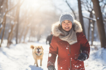 A senior asian woman is walking happily with the dog with a winter coat and winter hat in a in snow covered forest during day in winter on a bright sunny day