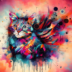 cat colorful splashes of paint , geometric, abstract art, generative AI.