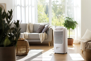 dehumidifier in a bright living room among a sofa and green houseplants, control of temperature and climate in the apartment