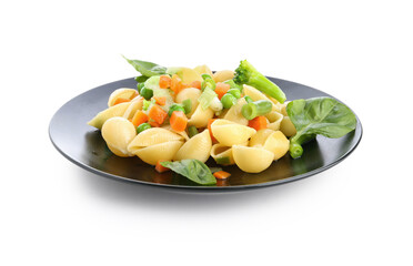 Plate with tasty pasta primavera on white background