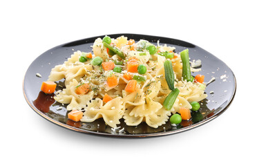 Plate with delicious pasta primavera on white background