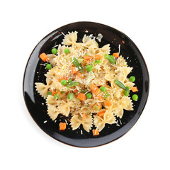 Plate with tasty pasta primavera on white background