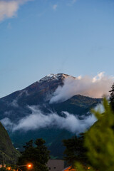 Beautiful view of the volcanoes in the city of Banos, Ecuador. Amazing sunset.