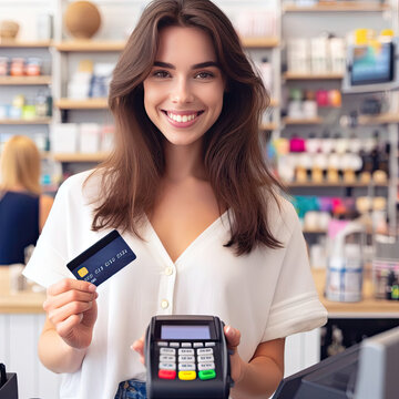 Smiling happy woman is making purchases with credit card at the terminal, using Reduniq contactless technology, technology concept, generative ai