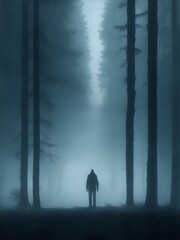 Vague ominous figure of man standing in dark forest with tall trees surrounding