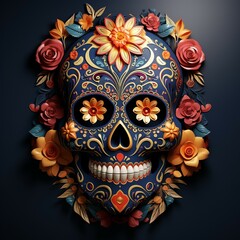 Naklejka premium dark blue skull in theme of Dias de Las Muertes (Day of The Dead), colourful roses and flowers in and around the skull, dark background, celebration mascotte