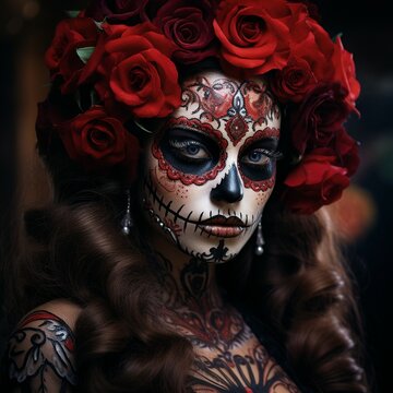 beautiful lady with a powerful look looking to the camera, hair and make up in theme of Dias de Las Muertes (Day of The Dead), red roses in her curly hairs, dark colours