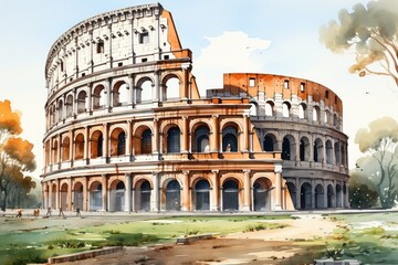 Fototapeta na wymiar Watercolor Roman Colosseum with paint splatter. Ancient Roman amphitheater. Capital of Italy