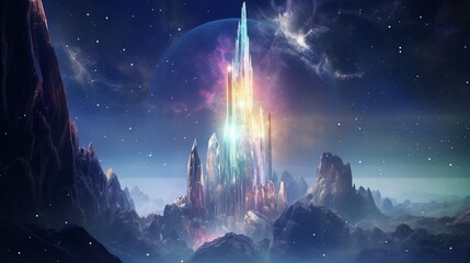 A colossal crystal spire piercing the atmosphere of a gas giant, refracting the planet's colorful gases. - obrazy, fototapety, plakaty