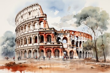 Fototapeta na wymiar Watercolor Roman Colosseum with paint splatter. Ancient Roman amphitheater. Capital of Italy