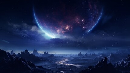 Naklejka na ściany i meble A cosmic landscape where Nebula Nigella engulfs the night sky, casting its ethereal glow on a distant planet.
