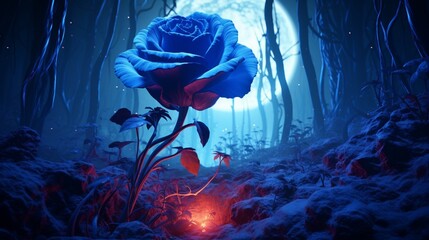 A Blue Moon Rose as a focal point in an otherworldly, bioluminescent forest filled with glowing flora and fauna.