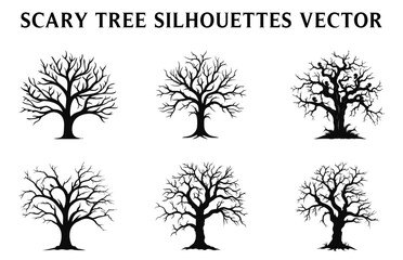 Scary Dead Tree black Silhouettes illustration Set, Halloween tree vector Bundle