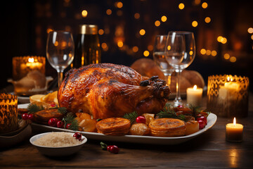 Happy Thanksgiving Day! Autumn feast. Family sitting at the table and celebrating holiday.. Traditional dinner.