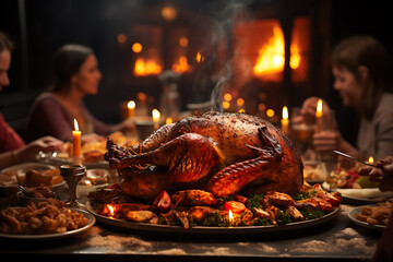 Happy Thanksgiving Day! Autumn feast. Family sitting at the table and celebrating holiday.. Traditional dinner.