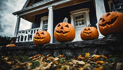 Halloween pumpkins in front of haunted house. 3d render. Holiday event halloween banner background concept.