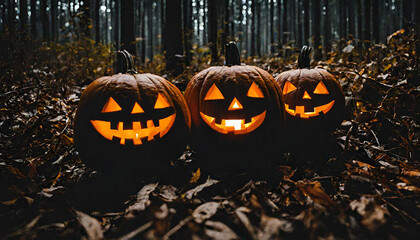 Halloween pumpkins in the forest at night.Halloween background with Evil Pumpkin. Spooky scary dark Night forrest. Holiday event halloween banner background concept