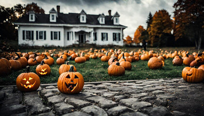 Halloween pumpkins in front of haunted house. 3d render. Holiday event halloween banner background concept.