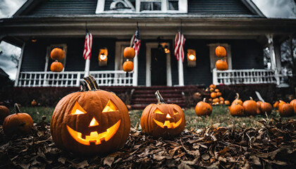 Halloween pumpkins in front of haunted house. 3d render. Holiday event halloween banner background concept.