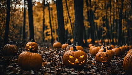 Halloween pumpkins in the forest at night.Halloween background with Evil Pumpkin. Spooky scary dark Night forrest. Holiday event halloween banner background concept