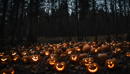 Halloween pumpkins in the forest at night.Halloween background with Evil Pumpkin. Spooky scary dark Night forrest. Holiday event halloween banner background concept
