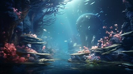 A Blue Moon Rose bush in a mesmerizing underwater world, with iridescent fish swimming around it.